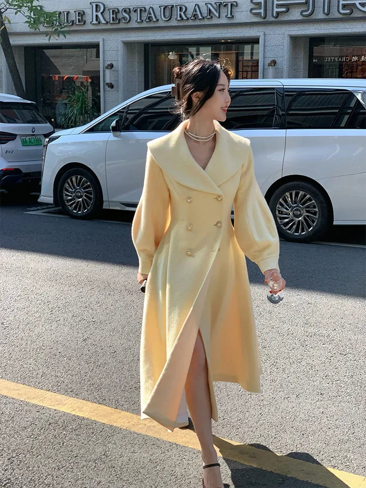 Plus Size 2024 Autumn/Winter New Style French Vintage Tweed Large Lapel Woolen Overcoat Long Sleeve Double Row Button Overcoat