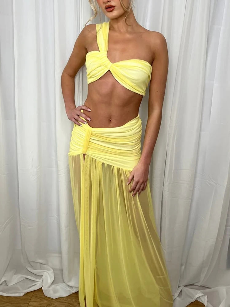 Mozision Summer Sexy Skirt Two Piece Sets Women One Shoulder Crop Top And Maxi Skirt Female Elegant Beach Club Party 2 Piece Set