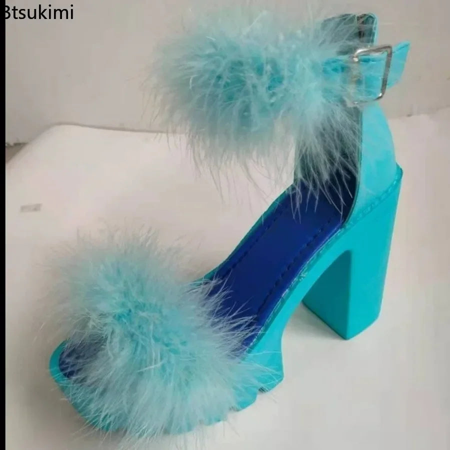 New Women's Summer Sandals Coarse-heeled Fur Rubber Sandals Shoes Women Platform Heels Mary Janes Shoes High Heels Leather Shoes