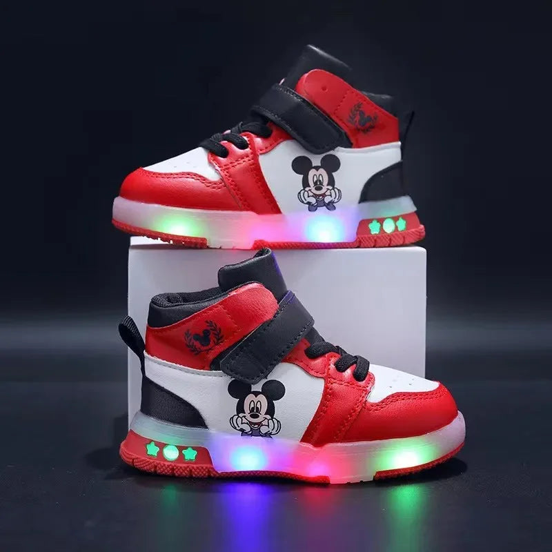 Disney Children's Sneakers Boys Girls Mickey Led Light Sport Shoes Student Shoes Hook Anti-slip Kids Outdoor Shoes Basket Shoes