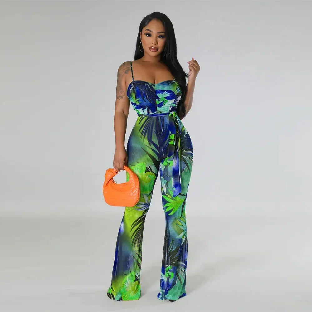 Floral Printed Jumpsuits Summer Outfits for Women 2024 Clubwear Spaghetti Strap Skinny One Pieces Romper Summer Beach Wear