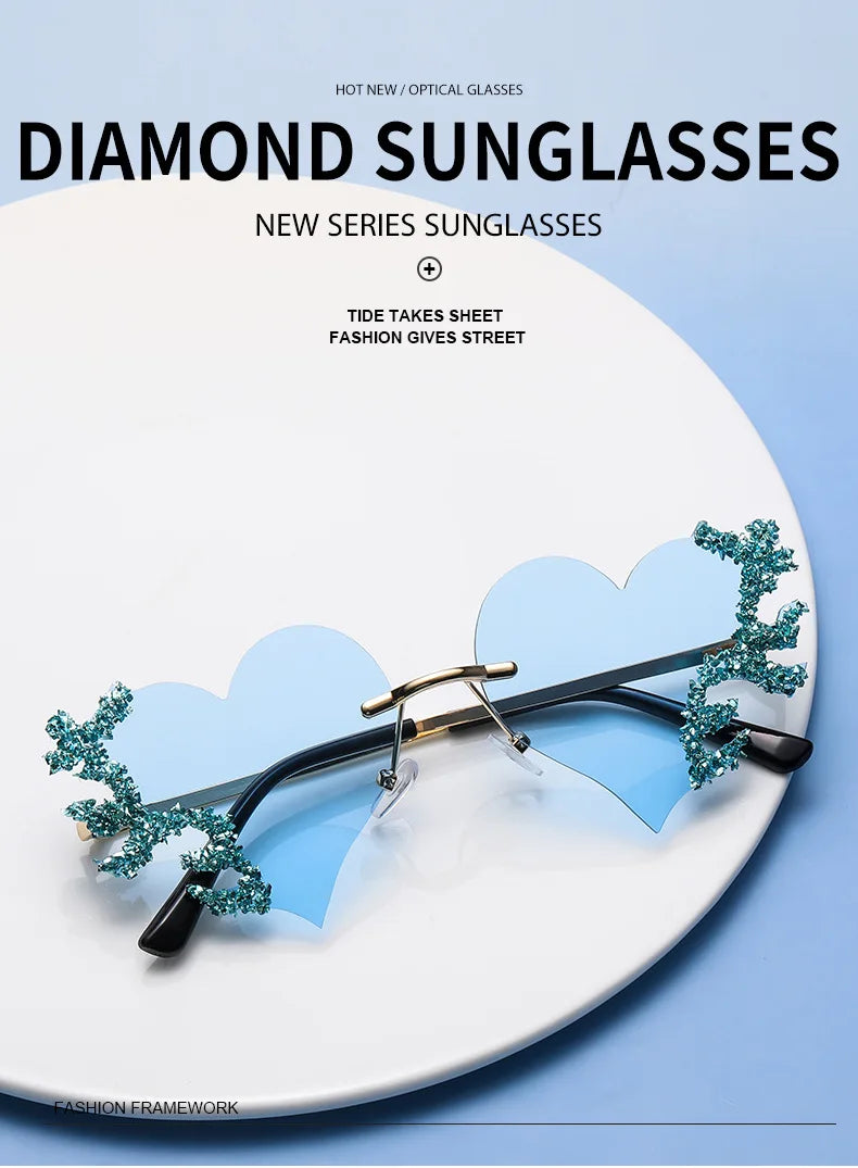 Rimless Sunglasses Women Luxury Brand Rhinestone Sun Glasses Ladies Cute Heart Shape Punk Party Eyewear очки від сонця женские