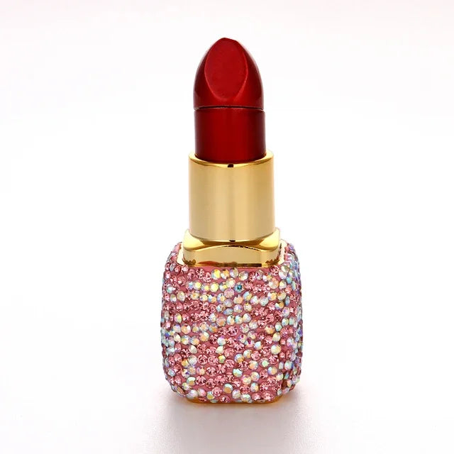Luxury Diamond Lipstick Inflatable Lighter Mini Butane Pink Water Diamond Portable Lighter High End Women's Smoking Gift