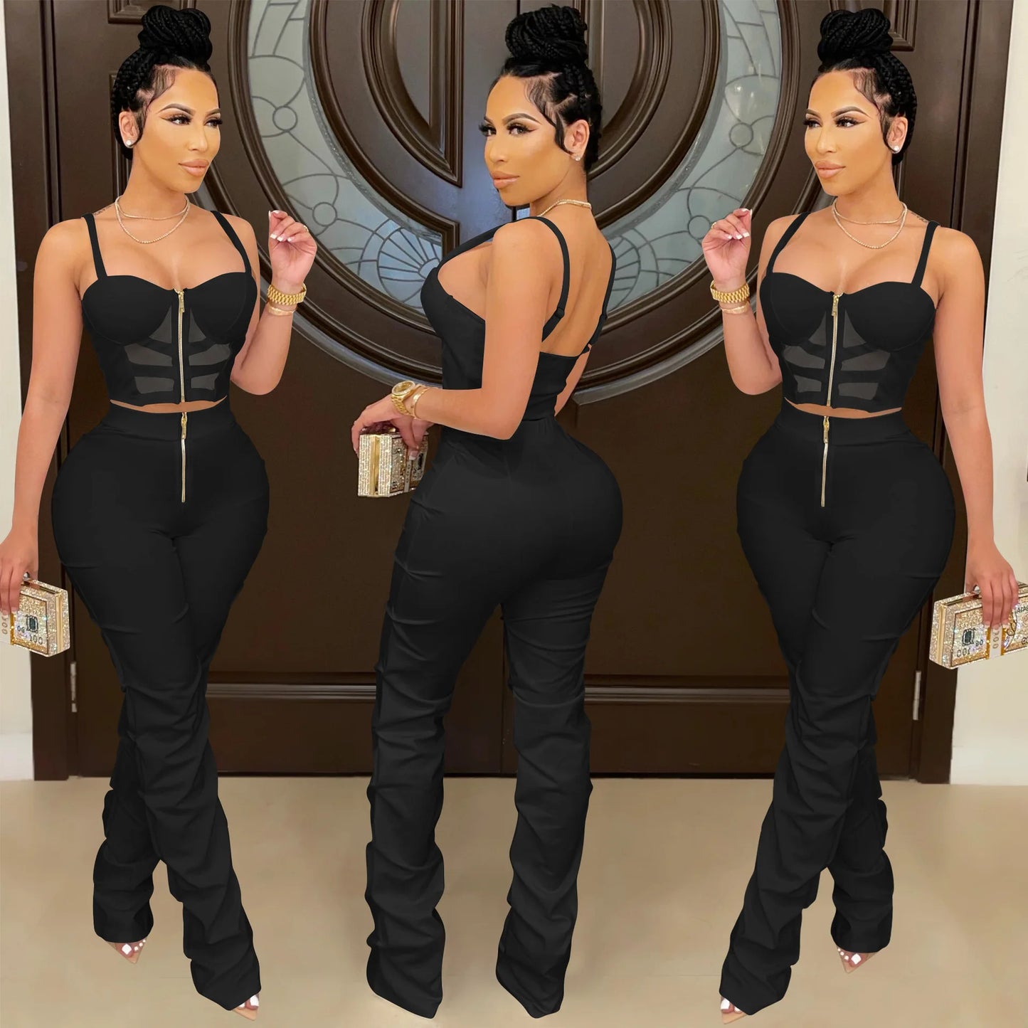 Sexy Solid Color Women's 2-Piece Slim Fit Open Back Zipper Tank Top+High Waist Trouser Set Amazing Bust Wrapping Street Clothing