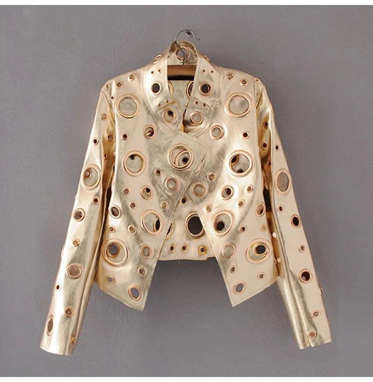 Lautaro Runway Cut Out Short Faux Leather Jacket Golden Rivet Cool Stylish Designer Clothes Women European American Fashion 2022
