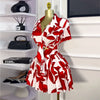 CM.YAYA Leaf Printed Women's Set Short Sleeve Bowknot Hem Blouse Shirt and Pleated Mini Skirts Suit 2023 Two 2 Piece Sets Outfit