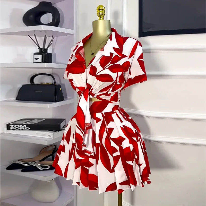 CM.YAYA Leaf Printed Women's Set Short Sleeve Bowknot Hem Blouse Shirt and Pleated Mini Skirts Suit 2023 Two 2 Piece Sets Outfit
