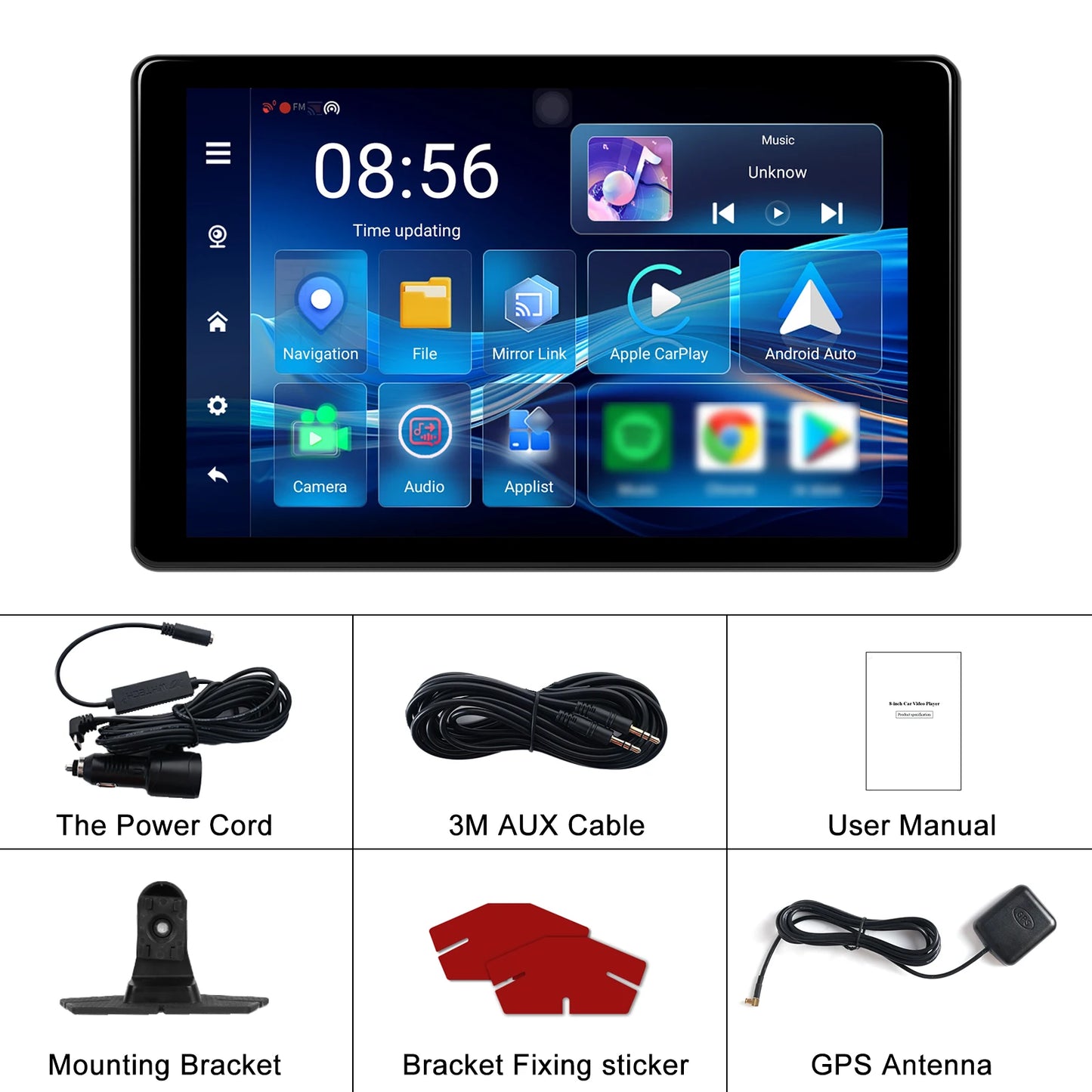 Podofo 8inch Android Monitor 4+64G Carplay Android auto Car Video Player Bluetooth FM AUX Apple Airplay Dashboard Monitor