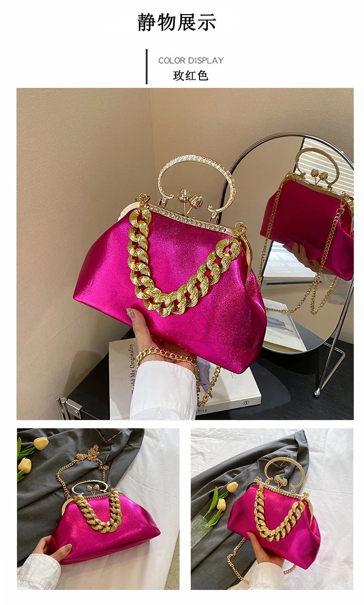 2024 Luxury Women Gold Green Chain Messenger Bags PU Leather Shoulder Bags Shell Clip Designer Handbag And Purse Wedding Clutch