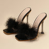 Women Rabbit White Fur Clear PVC Slippers Square Toe Stilettos Slides Transparent Crystal High Heels Sandals Mules Glass Heels