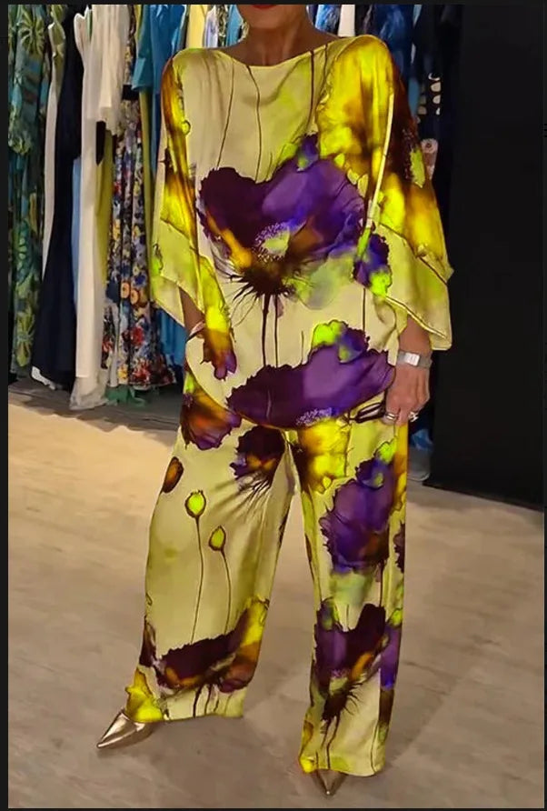 Casual Sets for Women 2 pieces Summer Fashion Printed Satin Two Piece Sets Women Sexy Round Neck Top+Wide Leg Long Pants Outfits