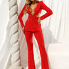 Modphy Red Sexy V-neck Long Sleeve Jacket+High Waist Flare Pants Blazer Set Women'S 2025 New Hollow Out Designer Two-Piece Set