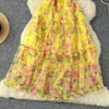 Elegant Slash Neck Vintage Short Puff Sleeve Chic Print Slim Chiffon Dresses French High Street Evening Autumn Mesh Clothing