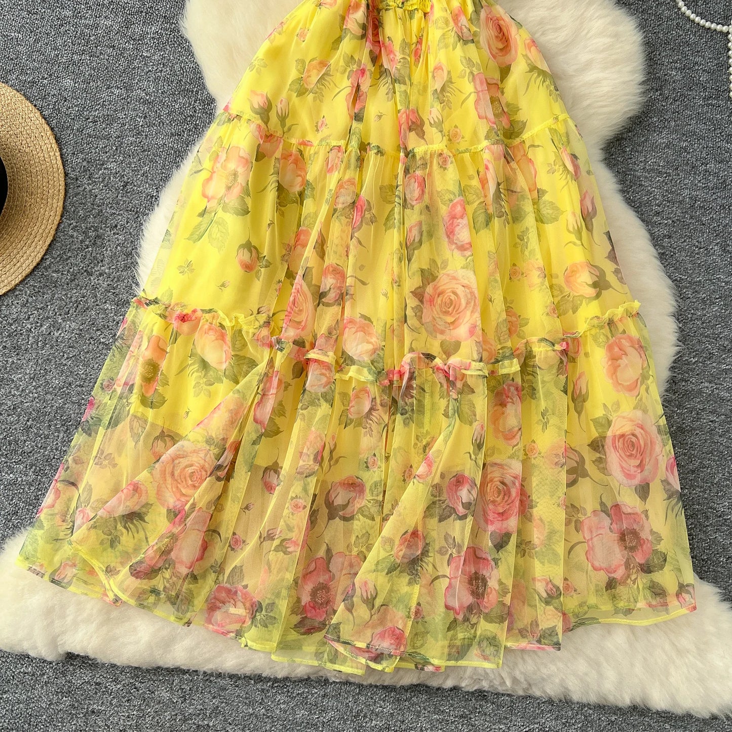Elegant Slash Neck Vintage Short Puff Sleeve Chic Print Slim Chiffon Dresses French High Street Evening Autumn Mesh Clothing