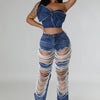 Women's Destroyed Ripped Hole Denim Pants Pearl Rhinestones Chain Distressed Slim Fit Skinny Jeans Y2K Night Club Party Jeans