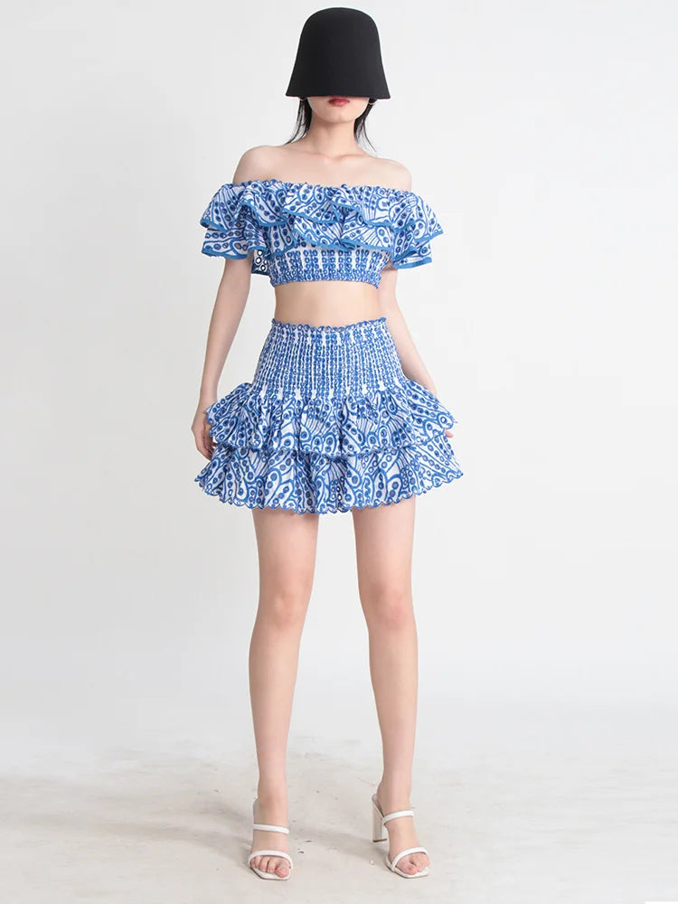 TWOTWINSTYLE Hit Color Print Casual Two Piece Sets For Women Slash Neck Short Sleeve Top High Waist Skirt Summer Set Female New