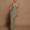 Sexy Halter Deep V Neck Sequins Maxi Dress Women Green Sleeveless Backless Sequined Slim Long Dresses Celebrity Party Gowns