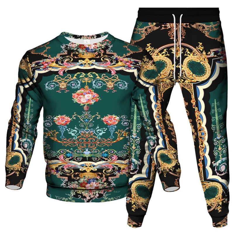 Vinatge Luxury Baroque Style Clothing Suit Men Jogging Pant Sweatshirt 2 Piece Set New Women Fashion Streetwear Tracksuit Set