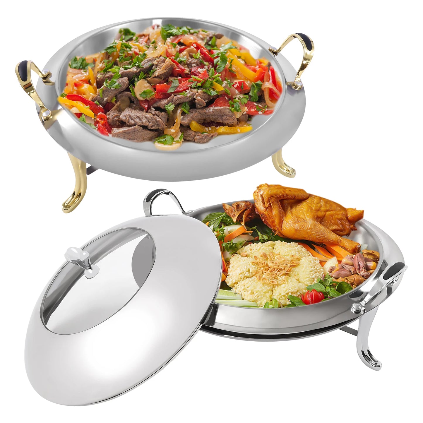 Dish Stainless Steel Cooking Round Buffet Warmer Tray Durable Frame with Lid Fuel Holder Cookware Set