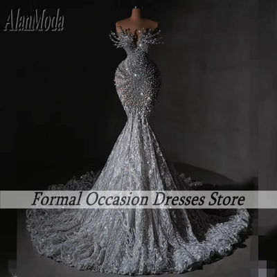 Luxury Lace Wedding Dresses Crystal Pearls See Through Princess Bridal Gowns Arabic Dubai Bata Novia Customized