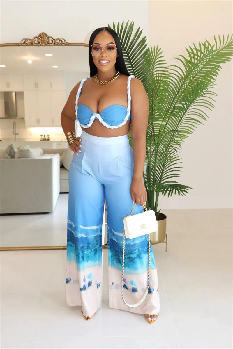 Sexy Nightclub Outfits for Women 2 Piece Set Birthday Vacation Bra Crop Top and Print Wide Leg Pants Matching Sets Beach Wear