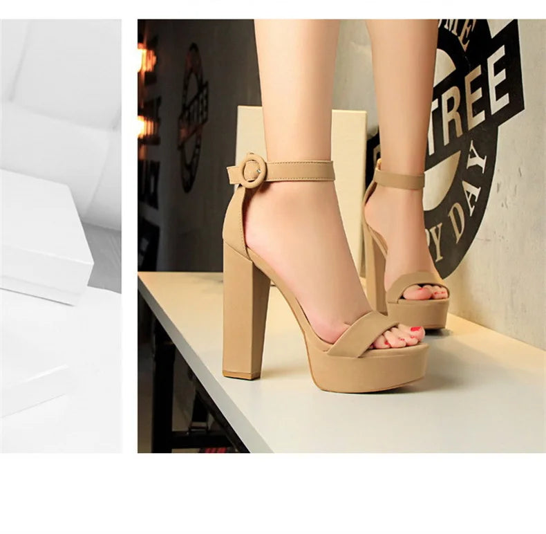 Fashion Women Pumps Sandals Summer Platform Belt Buckle Strap PU Square Heel Outdoor Korean Style Black Open Toe Grace 1550-1