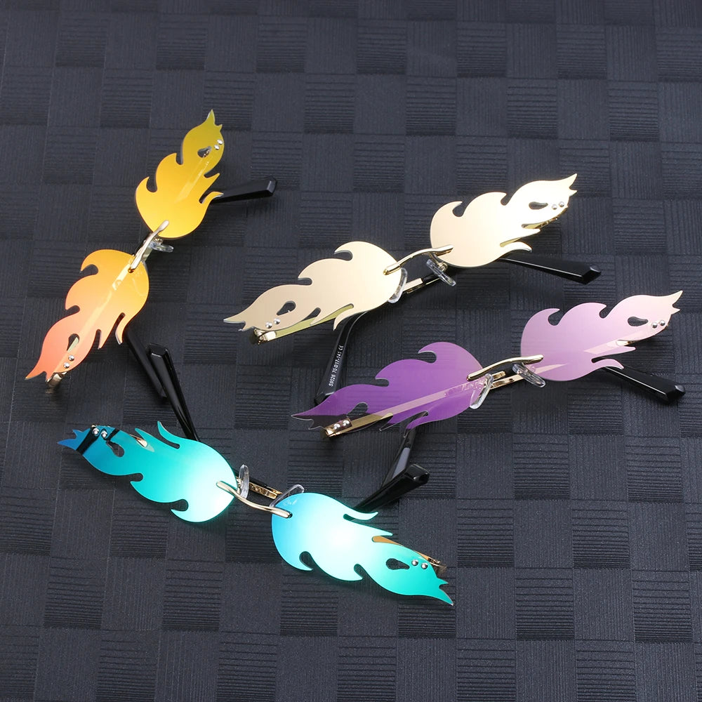 Fashion Fire Flame Sunglasses Women Men Rimless Wave Sun Glasses UV 400 Eyewear Luxury Trending Narrow Sunglasses