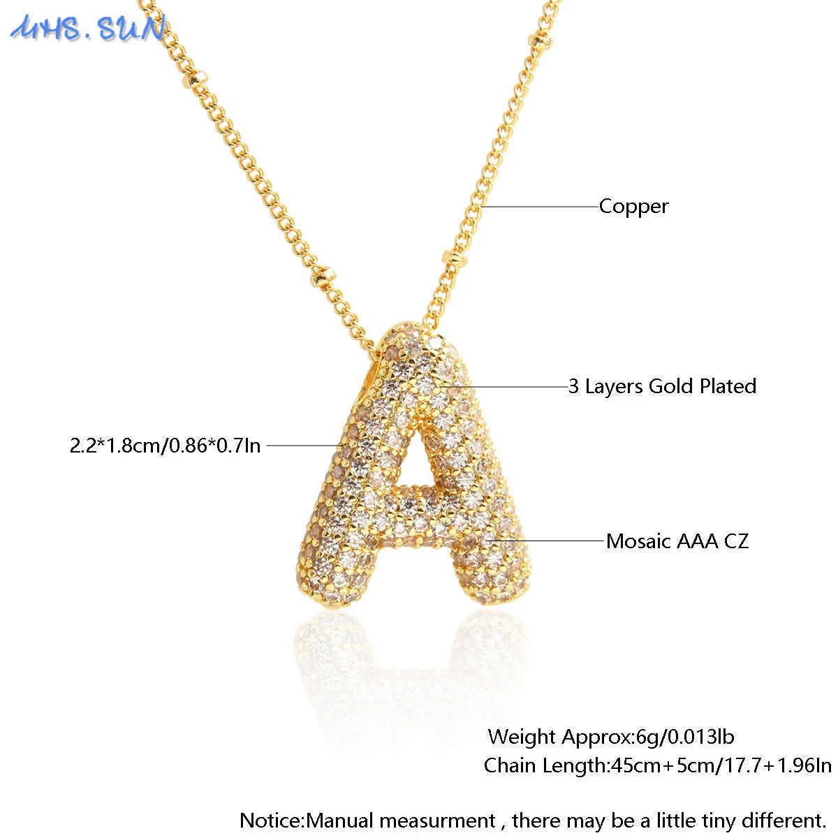 SUNSLL Cubic Zircon A-Z 26 Bubble Letter Necklace 2 Sizes Gold Plated M Chunky Balloon Initials Pendant Women Chain Jewelry 2024