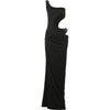 Weird Puss Metal Buckle Dress Women Irregular Hollow Split One Shoulder Skinny Ruched Waistless Midnight Clubwear Maxi Bodycon
