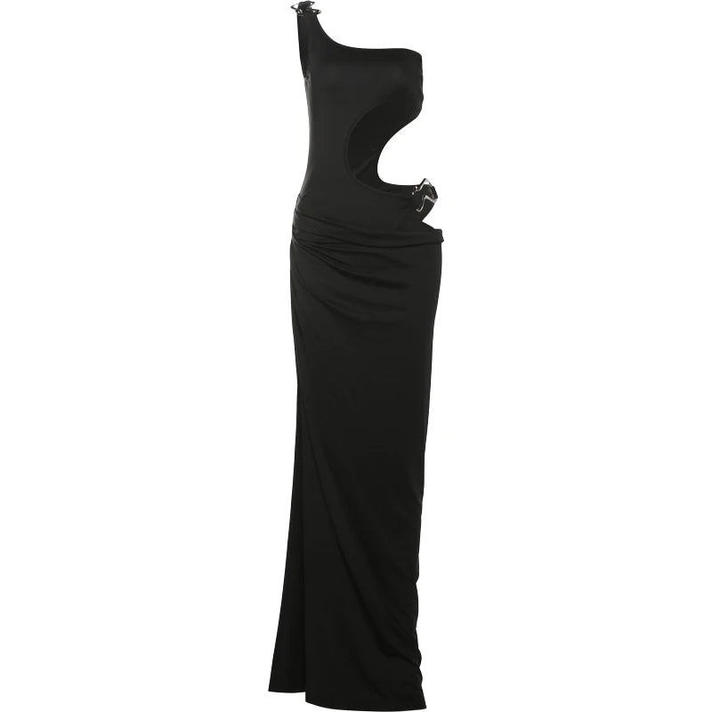 Weird Puss Metal Buckle Dress Women Irregular Hollow Split One Shoulder Skinny Ruched Waistless Midnight Clubwear Maxi Bodycon