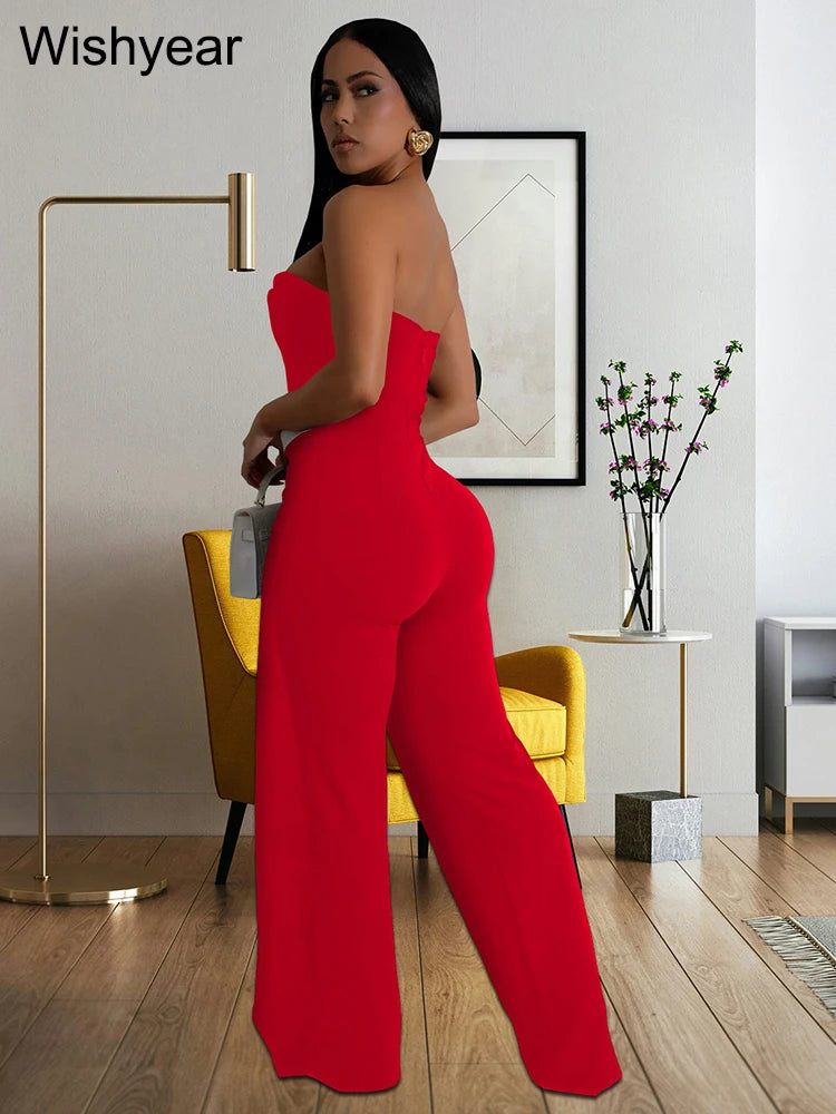 Wishyear Irregular Off Shoulder Sleeveless Strapless Jumpsuits Women Button Patchwork Wide Leg Pants Evening One Piece Outfits