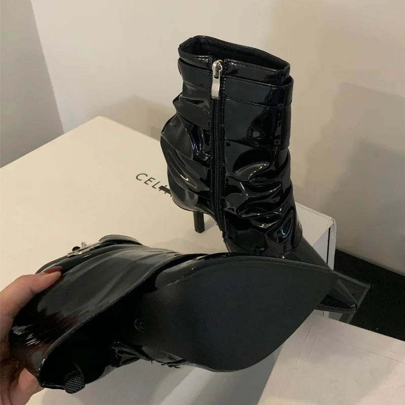 PU Leather Stiletto Womens Ankle Booties High Heel Pointed Toe Pumps Metal Buckle Side Zipper Sexy Fall Winter Shoes Black