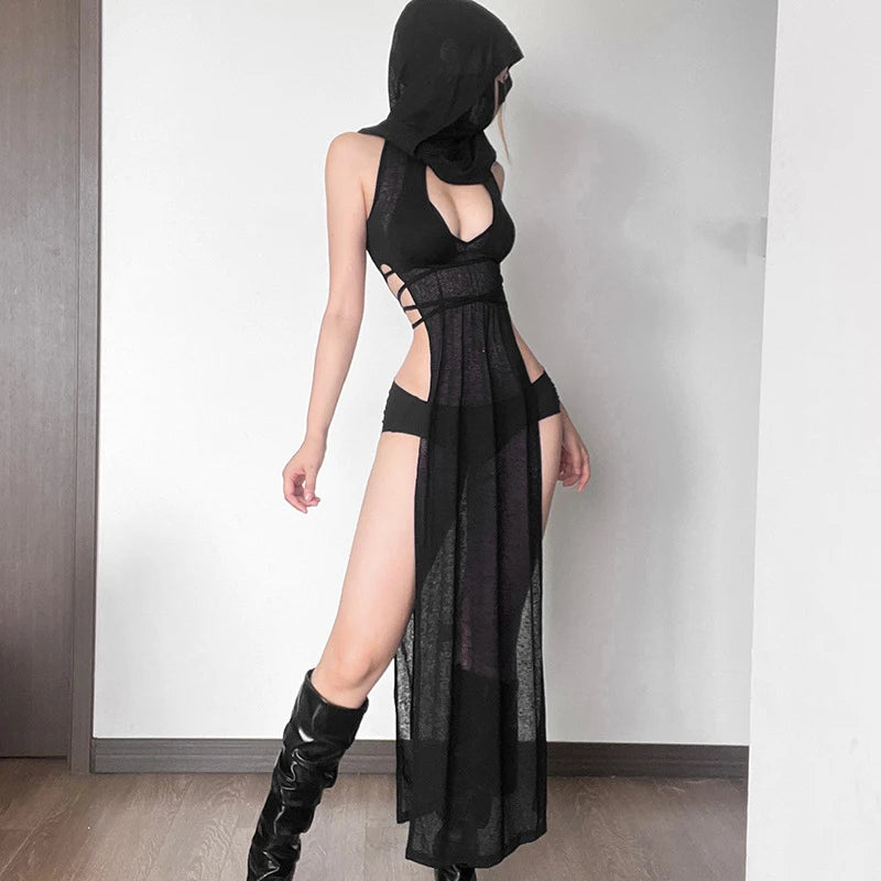 OMSJ Women Gothic 2024 Black Hooded Knitted High Split Long Dress Hollow Sexy See-through Straight Dress Festival Rave Club Wear