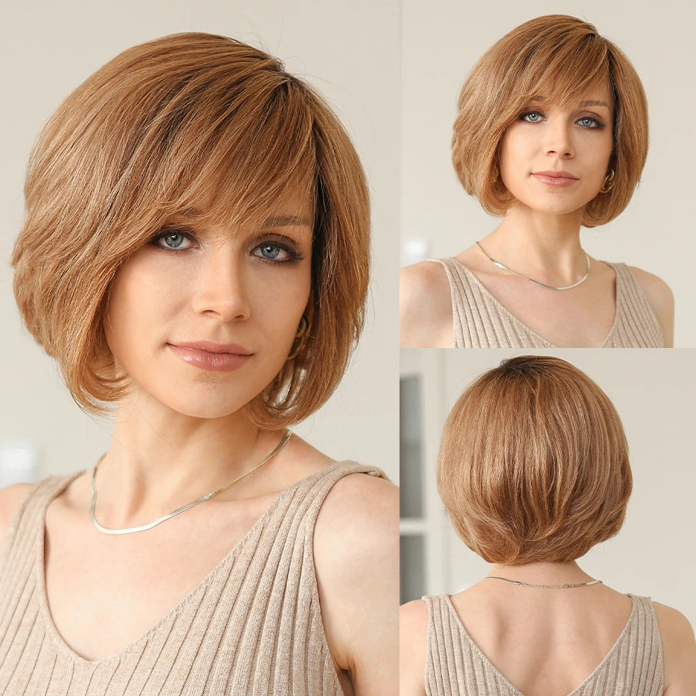 Brown Blonde Mixed Ombre Human Hair Lace Front Wigs Short Wavy Bob Hair Glolden Blonde Remy Human Hair Wig for White Women Daily
