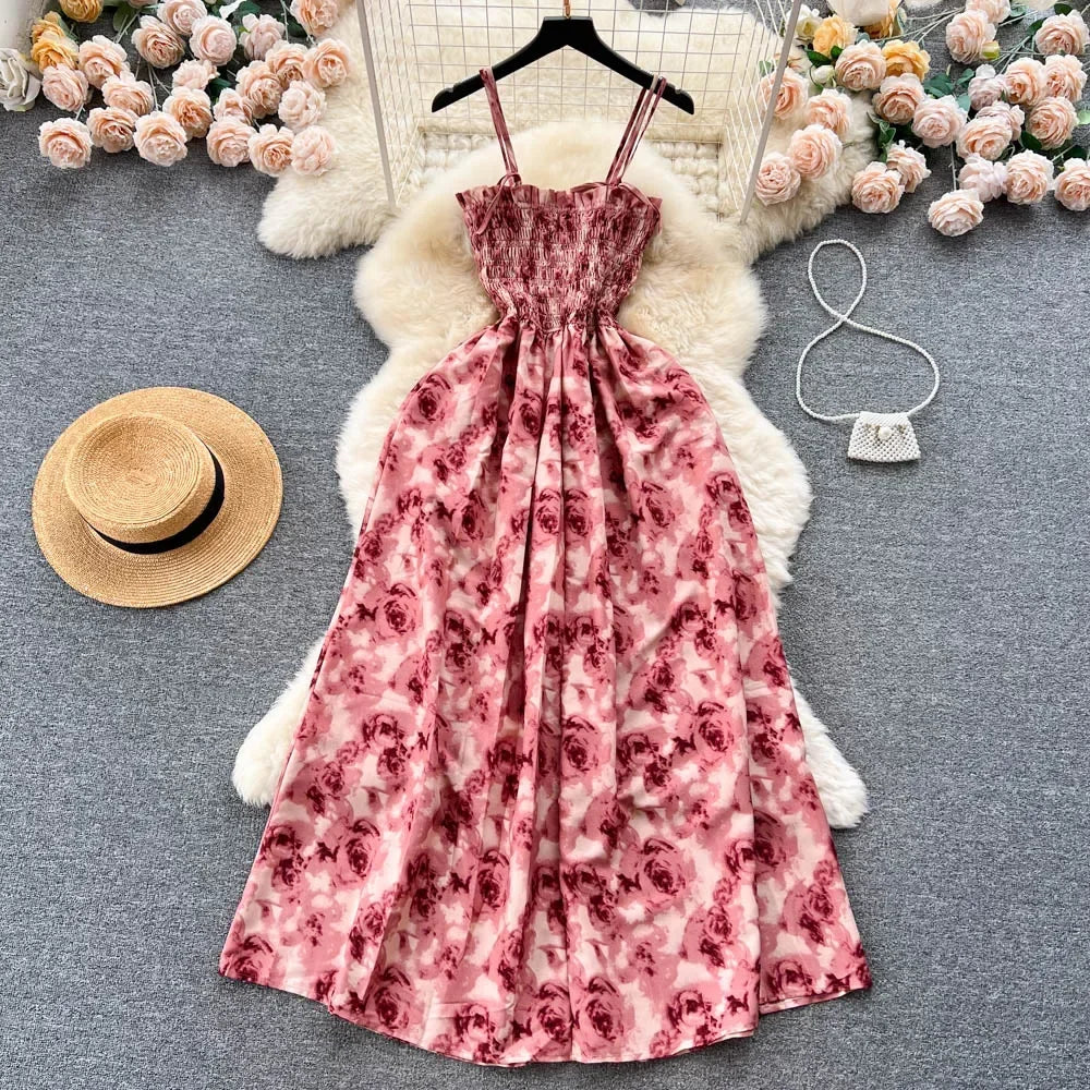 2024 New Summer Korean Fashion Rose Flower Print Romantic Retro Party Dress Elastic High Waist Vacation Long Dress Beach Vestido