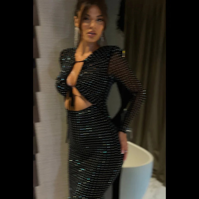 Tossy Glitter Hollow Out See-Through Maxi Dress Female Sexy Lace-Up Club High Waist Patchwork Sparkle Bandage Women Long Dress