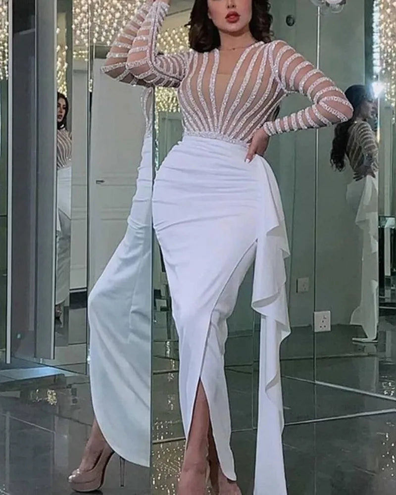 Sexy Dress Women Sleeveless Sequin Dresses O Neck Asymmetrical High Street Dance Wedding Prom Party Night Long Top Vestidos