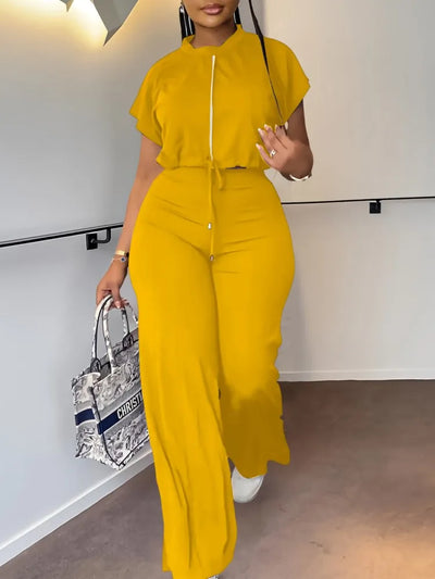 Women Casual Round Neck Drawstring Short Sleeve Top & High Waist Pants Set Summer Solid Two Piece Suit Sets Outfits Set Female