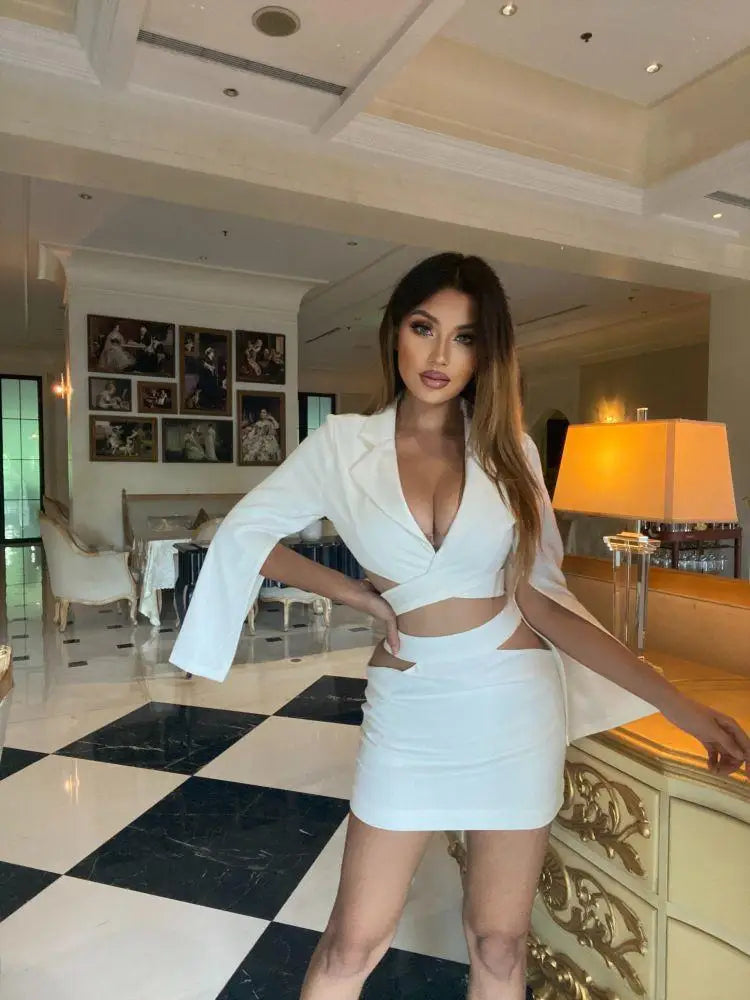sets for women 2 pieces Sexy Lapel Long Sleeve Jackets + High Waist Hollow Out Skirts Set 2024 Woman Clothes Women's Suits