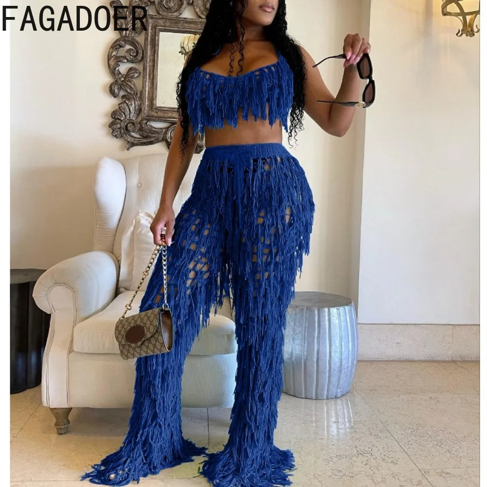FAGADOER Sexy Hollow Out Tassels Pants Two Piece Sets Women Halter Sleeveless Backless Crop Top + Pants Outfit Female Streetwear