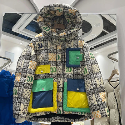 2023 European Station Winter New Down Jacket Women's Warm Fashion Short Color Patchwork Graffiti thick White Duck Down Coa