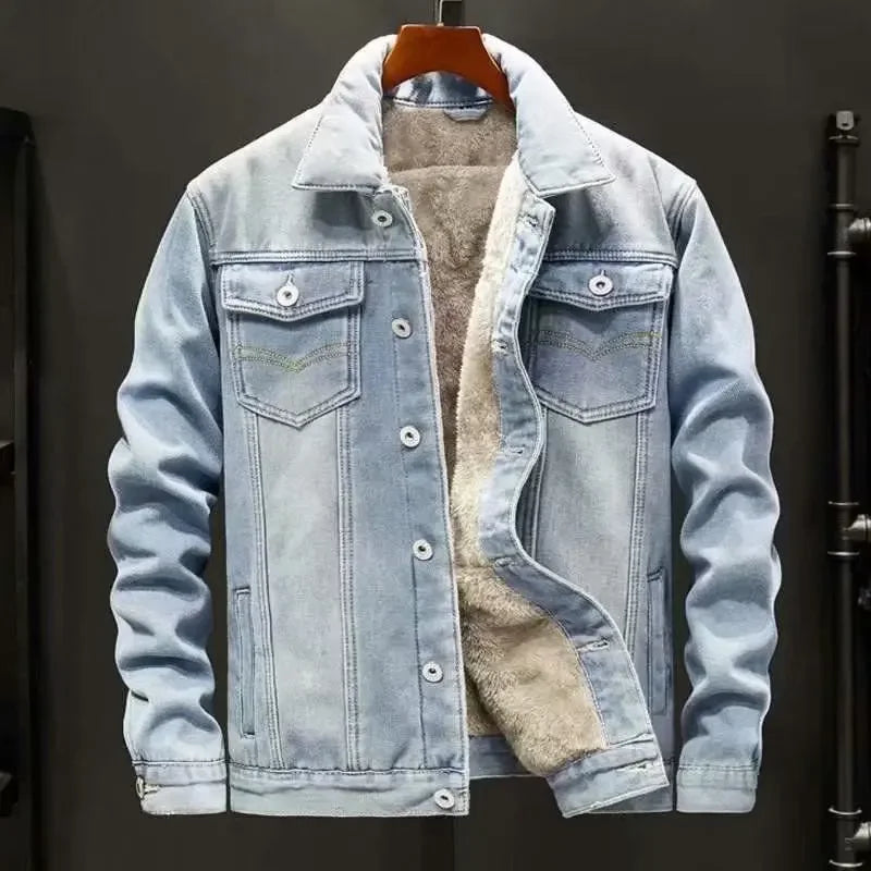 Thickened Fleece-Lined Denim Jacket Men's Loose Fit Warm Work Clothes Trendy Korean Style Versatile Plus Size Casual Wear