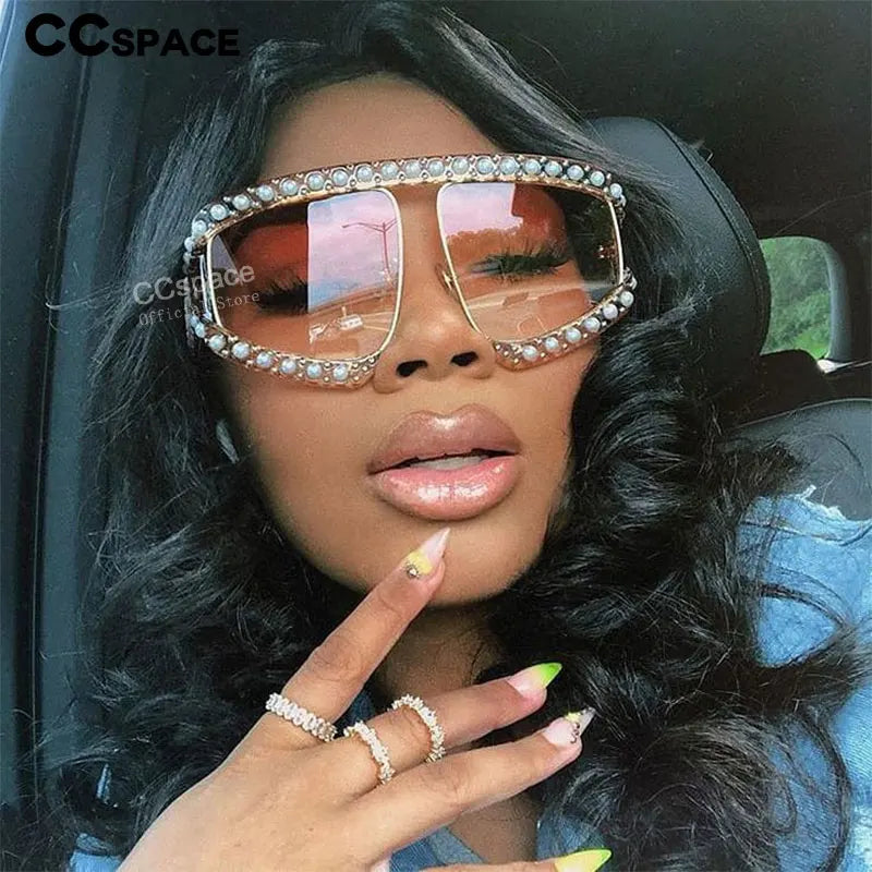 45448 Goggles Sunglasses Women Luxury Shades Pearl Glasses Frame Red Mirror Glasses Oversized UV400 Brand Glasses Female
