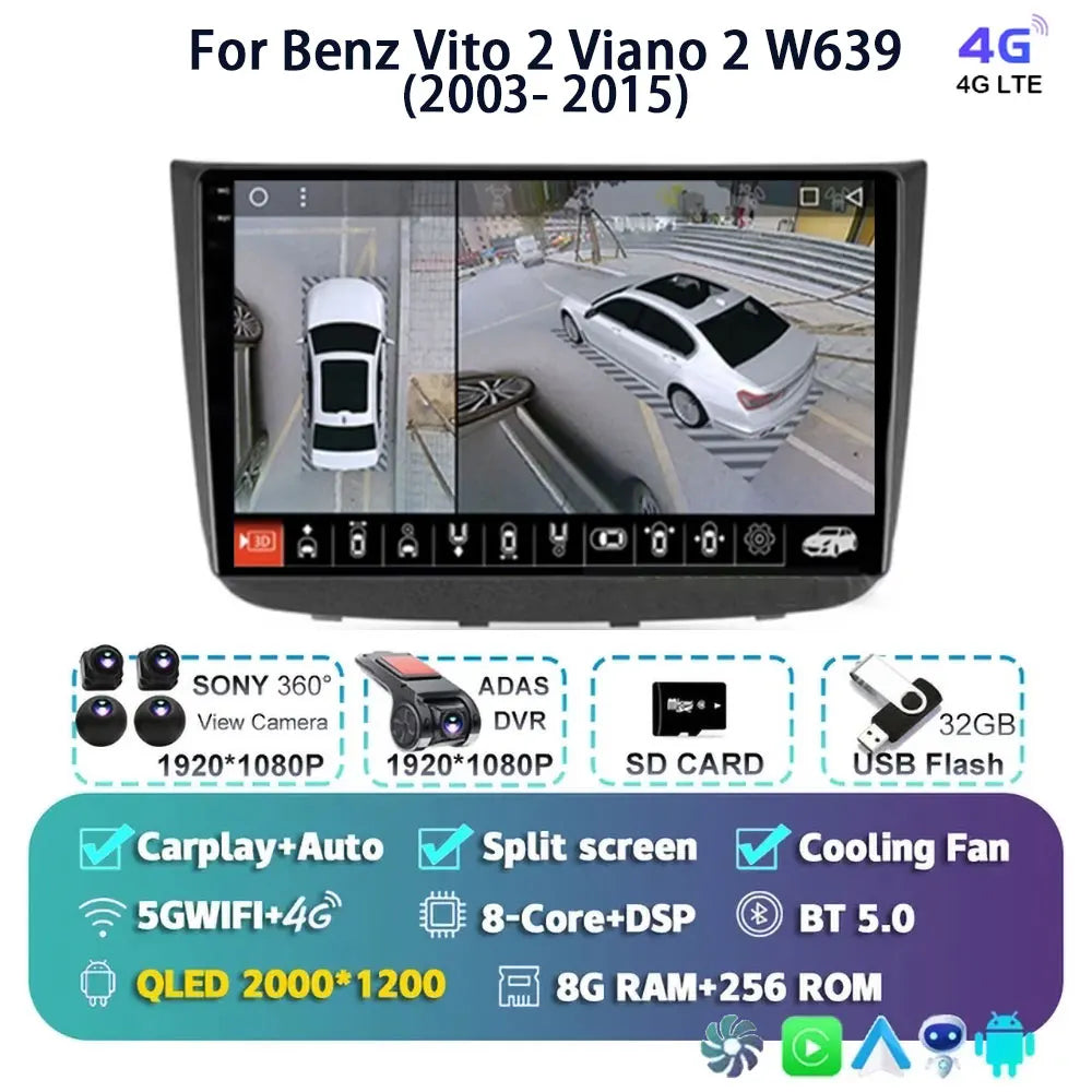 Android 14 For Benz Vito 2 Viano 2 W639 2003- 2015 2K QLED Android Car Radio Multimedia Video Player BT Stereo CarPlay Head Unit