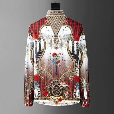 Fashion Men's Luxury Retro Print Shirt Crown Diamond Casual Social Shirt Long Sleeve Slim Fit Business Party Dress Shirt XS-6XL
