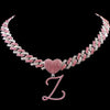 Hip Hop Bling Pink Crystal Cursive Initial Letter Cuban Necklace for Women Iced Out Paved Cuban Chain Necklace Choker Jewelry