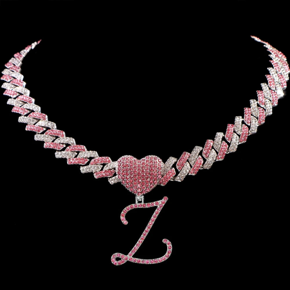 Hip Hop Bling Pink Crystal Cursive Initial Letter Cuban Necklace for Women Iced Out Paved Cuban Chain Necklace Choker Jewelry