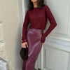 Trendix Women Elegant Burgundy Skirt High Waist Slim Fashion Slit Long Skirts Female Party Slim Club Sexy Vintage PU Skirts 2024