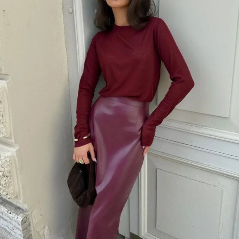 Trendix Women Elegant Burgundy Skirt High Waist Slim Fashion Slit Long Skirts Female Party Slim Club Sexy Vintage PU Skirts 2024