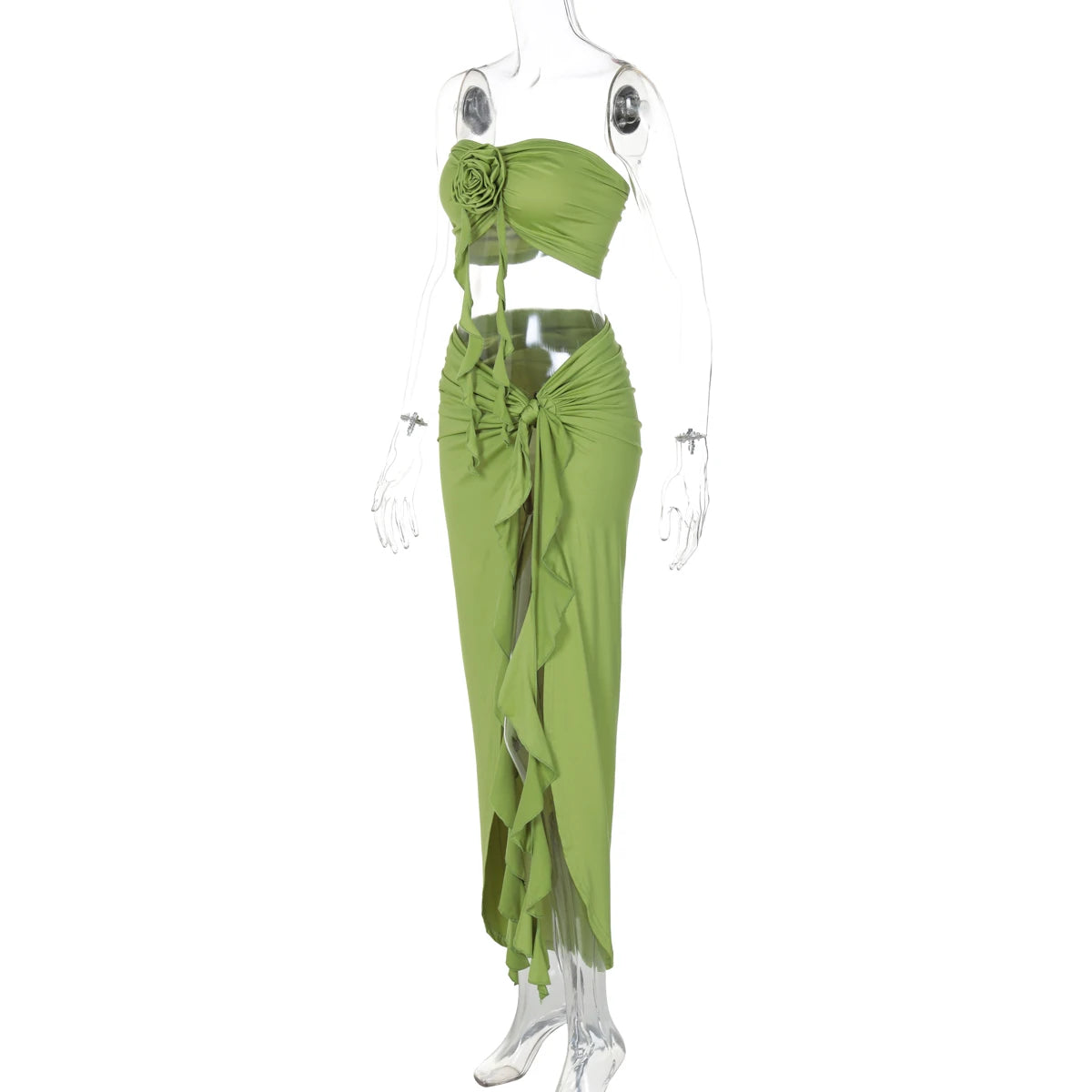 Hugcitar Fashion 2 Pcs Sets Strapless Tie Flower Draped Sexy Crop Tank Top Slit Tassel Maxi Skirt Women Outfit Festival Party